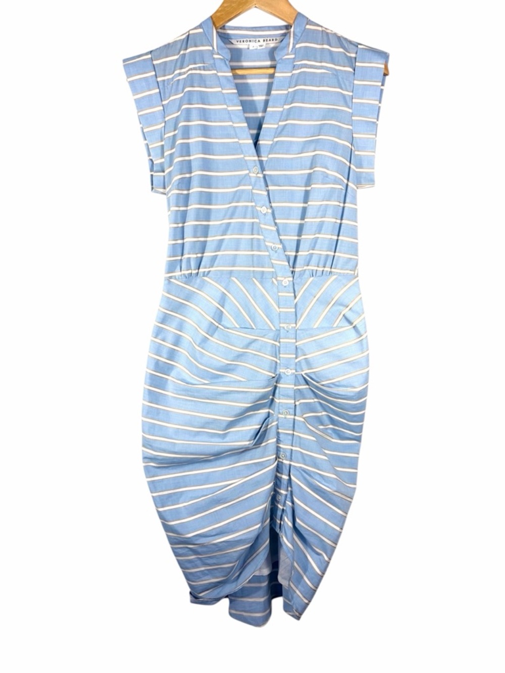 Veronica Beard Light Blue & White Striped Button Front Dress. Rouched.